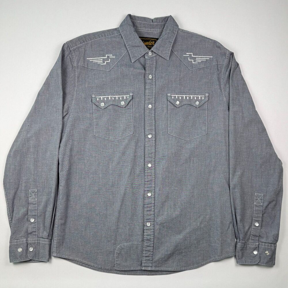 Howler Bros Crosscut Deluxe Snap Shirt Medium Grey Western Embroidered Shirt